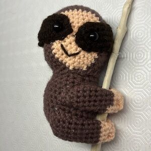Handmade Crochet Amigurumi Sloth Hanging on Driftwood